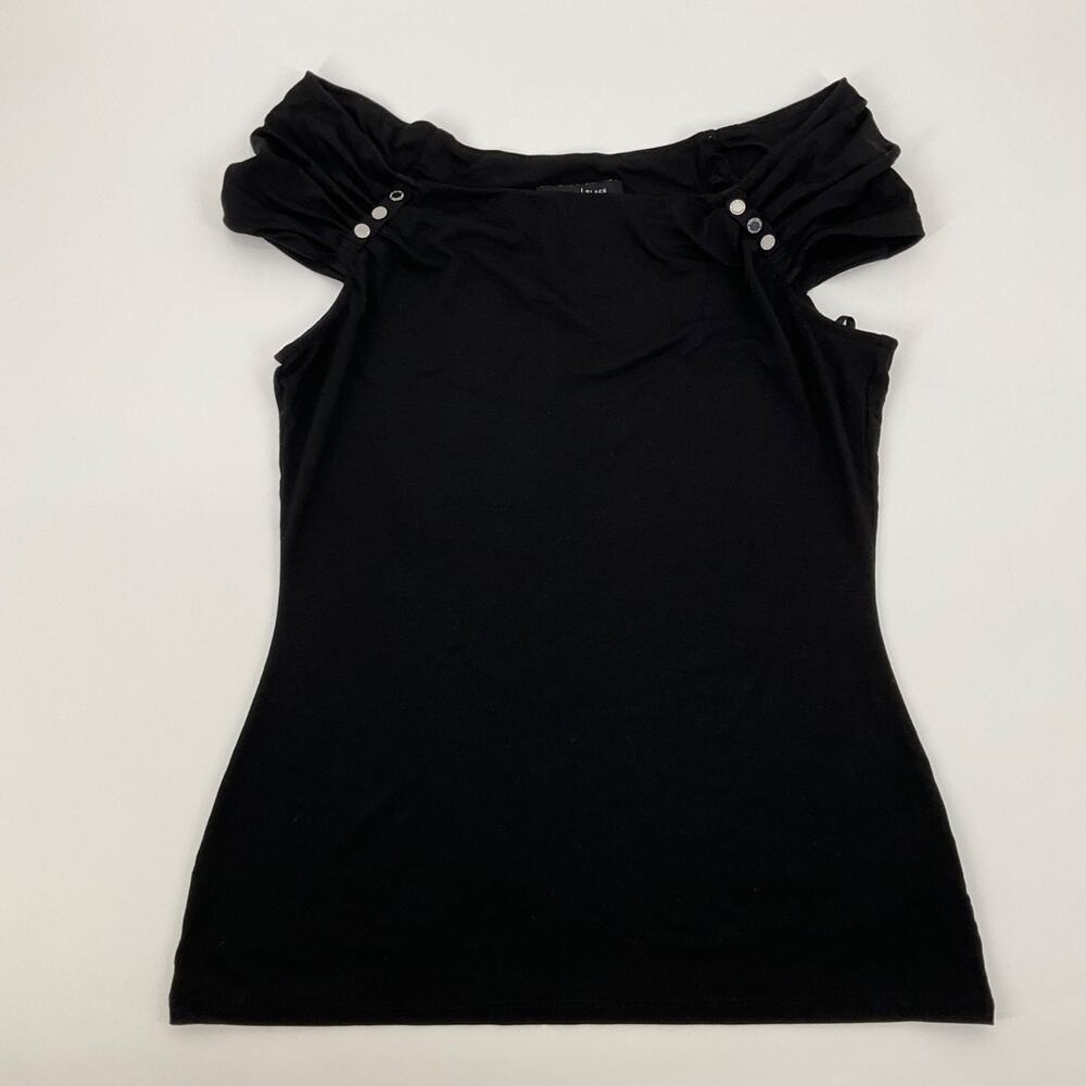 WHBM Black Off Shoulder Draped Ruched Sleeve Top S Stretch Jersey Classiccore